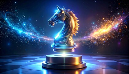Luminous Chess Knight Hologram on a Neon Strategic Board with Cosmic Light Trails