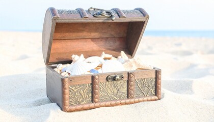 Open wooden treasure chest brimming with seashells on a sunny sandy beach