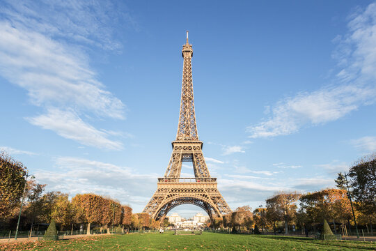 Sunny day on the Eiffel tower in Paris, France