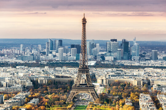 Sunset over Eiffel tower and the city, Paris, France