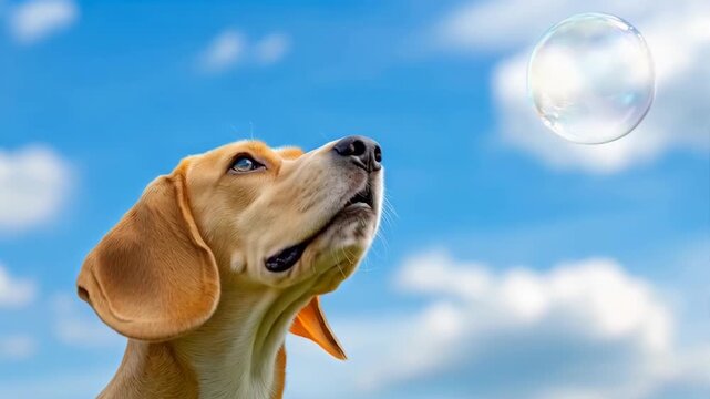 A playful and attentive dog with floppy ears gazes at a shimmering soap bubble against a clear blue sky.