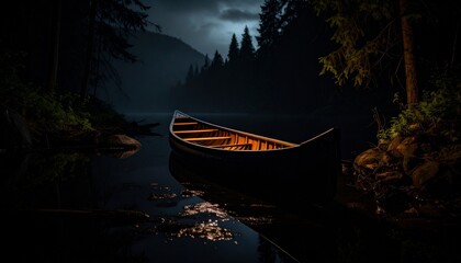 Ethereal Night Paddle Lone Canoe on a Mystical Lake Under Moonlight