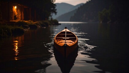 Quiet Reflection A Serene Evening Paddle on a Calm Lake by a Lit Cabin and Mountains