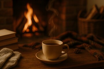Fototapeta premium Warm steaming beverage enjoyed in a cozy home setting by a crackling fireplace, surrounded by books and a soft blanket, evoking comfort and relaxation