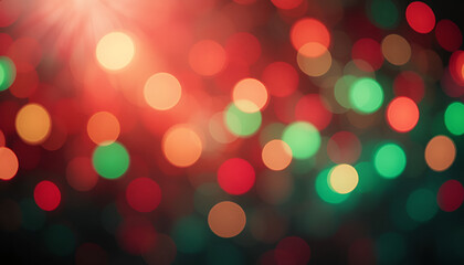 Obraz premium A festive bokeh background with a mix of red, green, and orange lights creating a warm and cheerful atmosphere