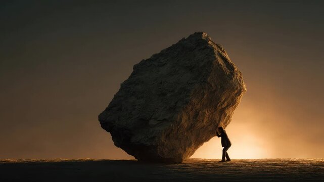 A lone figure strains to push a massive boulder uphill against a golden sunset backdrop