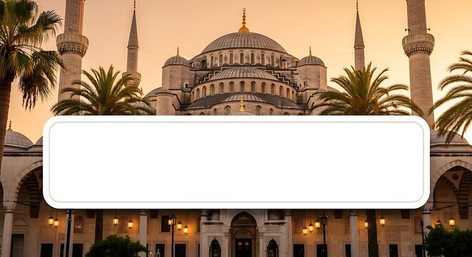 Historic Islamic architectural masterpiece with minarets and domes illuminated against a sunset sky, featuring palm trees and a central text box for customization