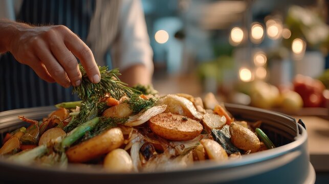 A person scraping edible food, depicting a moment of wastefulness and environmental concern.