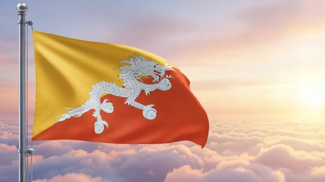 National flag of bhutan nation waving on the wind with a beautiful sunset on the background, banner of the country