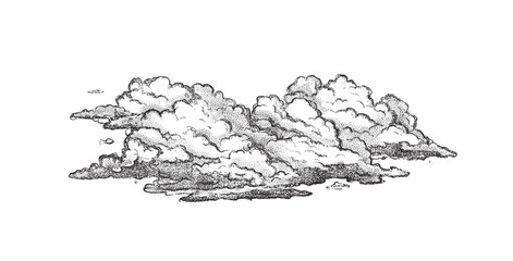 Clouds in hand drawn vintage retro style isolated on white background. Cartoon design elements. Landscape elements in sketch style. Vector illustration.	