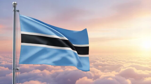 National flag of botswana nation waving on the wind with a beautiful sunset on the background, banner of the country
