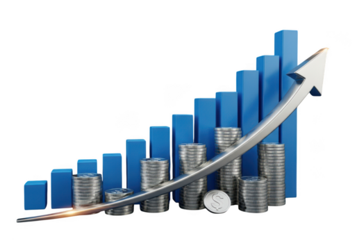 Financial growth bar chart with stacked coins and upward arrow isolated on transparent background