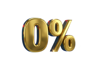 Golden zero percent symbol isolated on transparent background