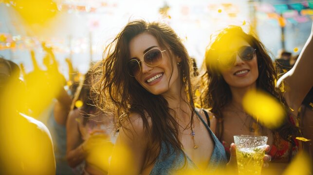 Lively Beach Festival Scene with Friends Dancing and Enjoying Drinks