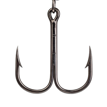 Shiny metal treble hook hangs, black background