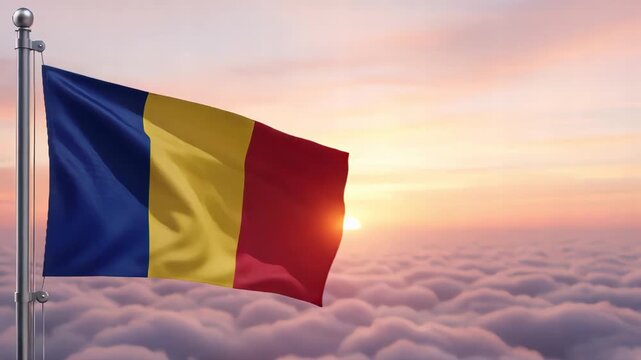 National flag of chad nation waving on the wind with a beautiful sunset on the background, banner of the country