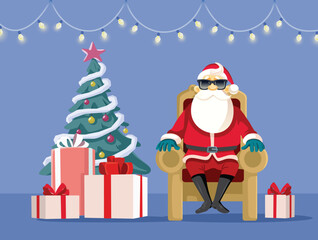 Santa Sitting on a Chair Next to the Christmas Tree. Santa claus waiting seated on an armchair being cool and modern 
