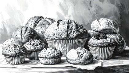 A collection of assorted baked muffins and loaves in grayscale