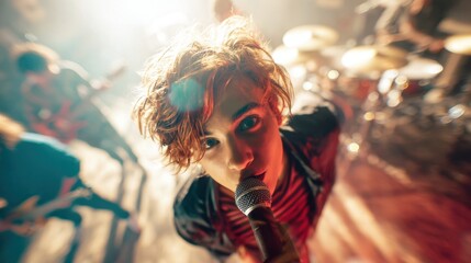 Energetic Lead Singer in Stylish Portrait at Rock Performance
