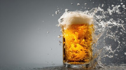 Frothy Lager Beer Glass Splashing Drops in Refreshing Scene