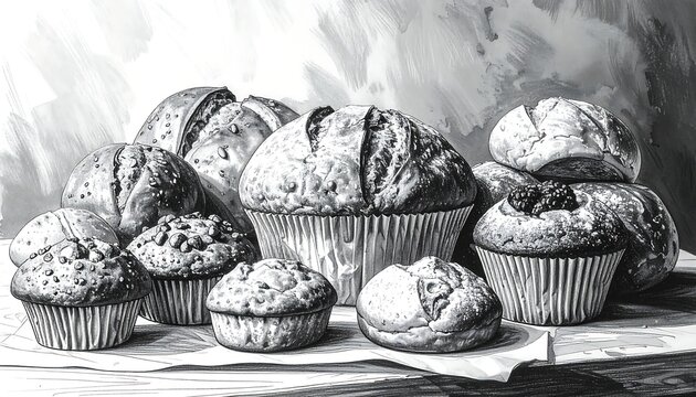 A collection of assorted baked muffins and loaves in grayscale - Powered by Adobe