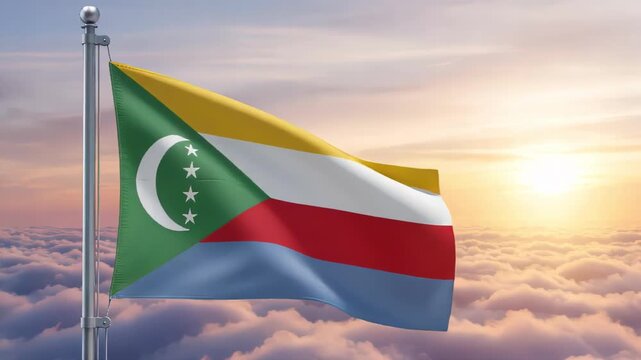 National flag of comore nation waving on the wind with a beautiful sunset on the background, banner of the country