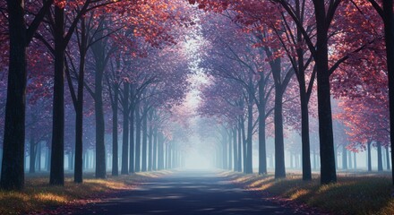 Autumnal avenue of trees with red leaves and fog