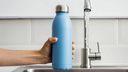 A hand holding a blue insulated water bottle near a sink faucet with running water.