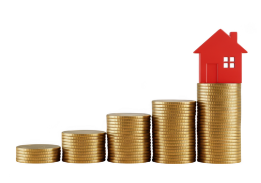 Red house symbol perched atop increasing stack of gold coins isolated on transparent background