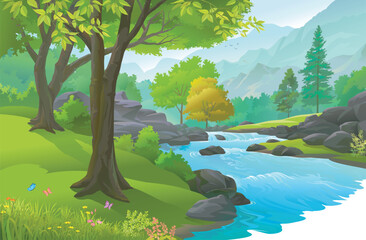 landscape with trees and lake. Beautiful Jungle landscape vector graphics 