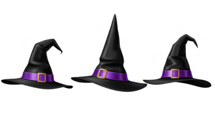 Three black witch hats with purple bands isolated on transparent background
