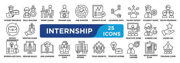 internship icon collection set. Containing intern program, skill builder, work learn, trainee hub, job starter icon. simple line vector.	