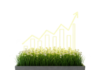 Growing green business chart showing upward trend isolated on transparent background