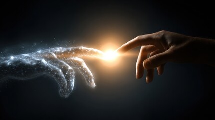 Divine connection human touch meets digital creation futuristic setting abstract art ethereal atmosphere