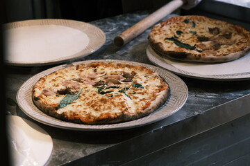 Close-up of traditional Italian meat sauce and cheese pizza