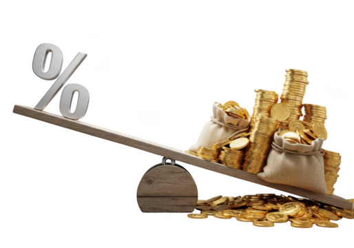 Percentage symbol and gold coins balancing on a seesaw isolated on transparent background