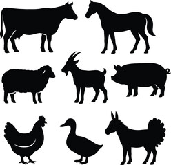 Vector Farm Animals Silhouettes Isolated on White, cows, horses, sheep, goats, pigs, chickens, ducks, donkeys