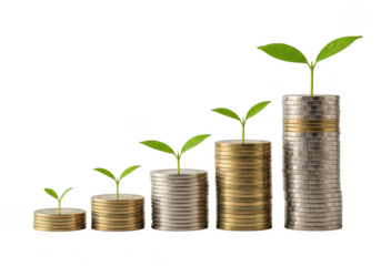 Small plants growing from stacks of coins symbolizing financial growth isolated on transparent background
