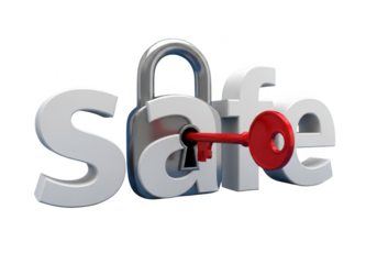 3d rendered word safe with padlock and red key isolated on transparent background
