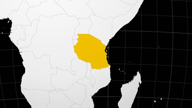 Tanzania map. Animated zoom into the country on the Globe in Black White color palette. Country logo animation. Map with meridians, parallels. Awesome video.
