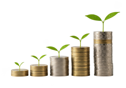 Small plants growing from stacks of coins symbolizing financial growth isolated on transparent background - Powered by Adobe