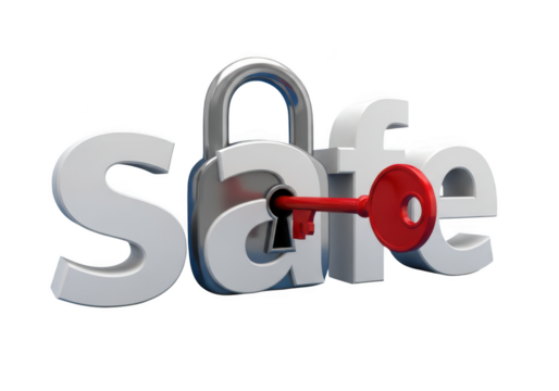 3d rendered word safe with padlock and red key isolated on transparent background