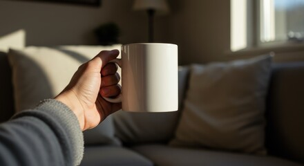 Person holding a mug of coffee in sunlight.