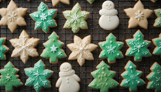 Overhead shot of decorated christmas cookies, including stars, trees, and snowmen, arranged on a cooling rack