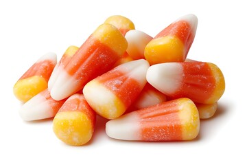 Colorful Candy Corn Pile on White Background for Halloween Celebration and Festive Treats