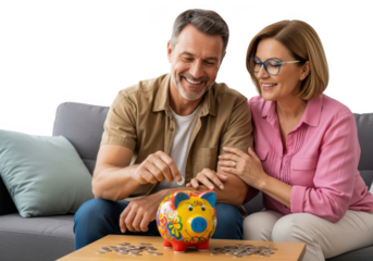 Smiling couple saving money in a colorful piggy bank on a table isolated on transparent background