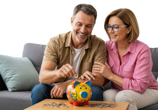 Smiling couple saving money in a colorful piggy bank on a table isolated on transparent background