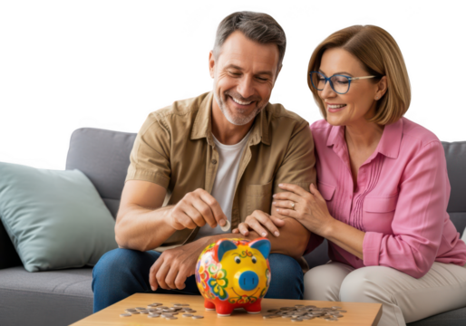 Smiling couple saving money in a colorful piggy bank on a table isolated on transparent background - Powered by Adobe