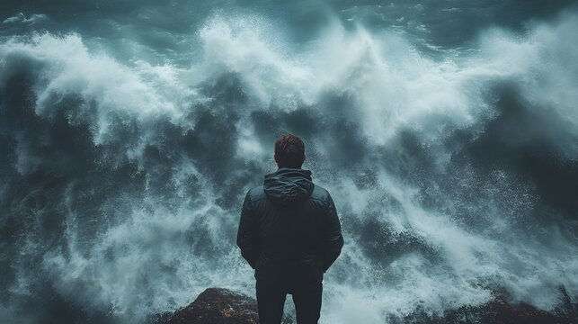 Person contemplates the powerful ocean. Rugged coast and stormy waves create a dramatic scene. Inspires reflection and resilience against nature's overwhelming force. Overcoming challenges.