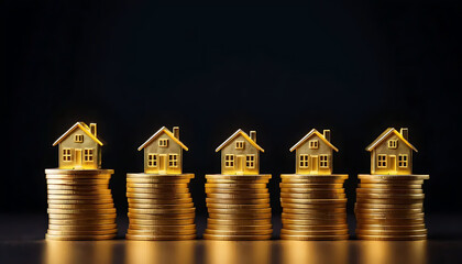 house model on stacks of gold coins with glowing light, representing financial stability, property investment success, and wealth management concept